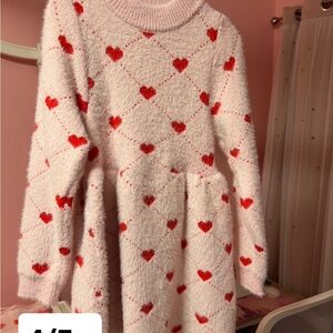 Lola + The Boys Pink Fuzzy Heart Knit Dress with Red Hearts